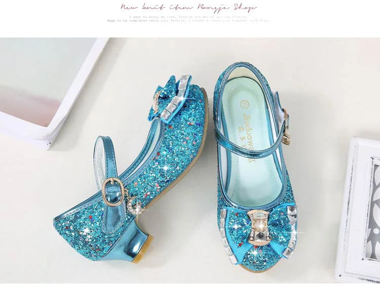 Princess Kids Leather Shoes for Girls Flower Casual Glitter Children High Heel Girls Shoes Butterfly Knot Blue Pink Silver