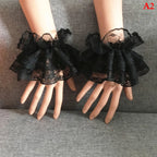 Lolita Hand Sleeve Wrist Cuffs Ruffled Floral Black Lace Elastic Bracelet Elegant Ladies Short Lace Gloves Halloween
