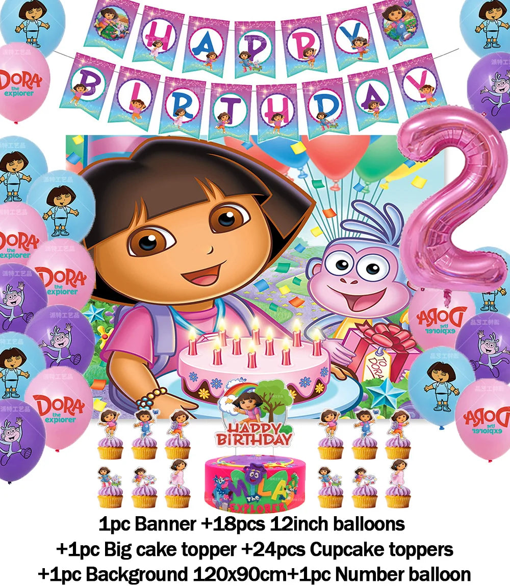Cartoon-Dora-The-Explorer Theme Kids Birthday Party Digital Balloon Banner Background Cake Topper Decoration Supplies Baby Gifts