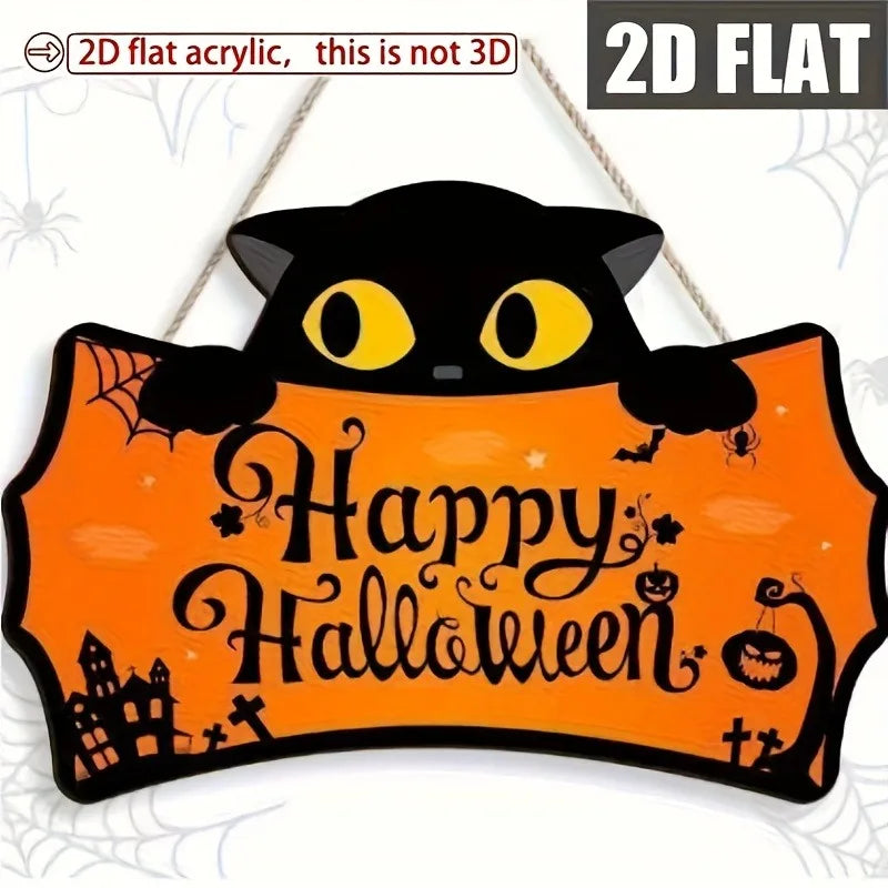 Black Cat Shaped Happy Halloween Wooden Hanging Sign Pumpkin Bat Spider Castle Print Front Door Plaque for Halloween Porch Decor