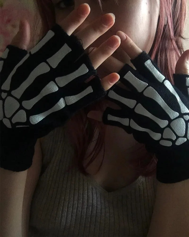 New Punk Gloves Unisex Halloween Skeleton Skull Half Finger Gloves Glow In The Dark Fingerless Stretch Knitted Winter Mittens
