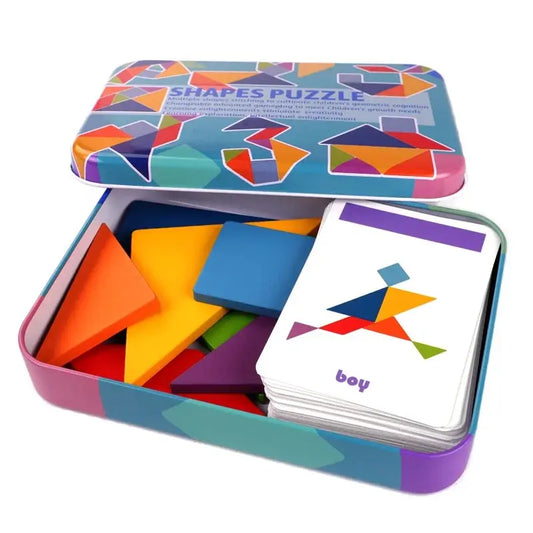 Children's Wooden Colorful Tangram Puzzle with Iron Storage Box