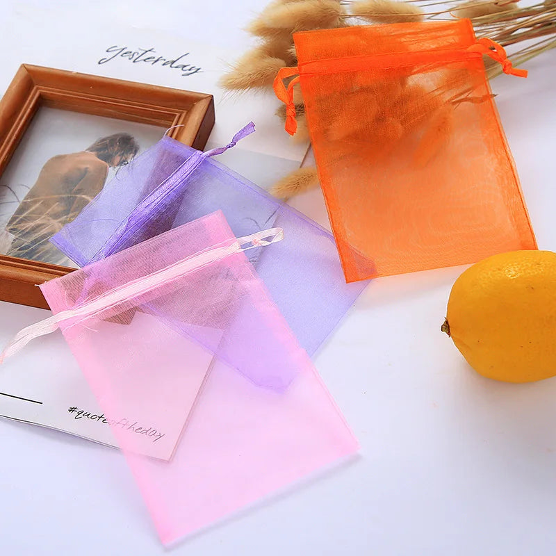 100pcs 7x9cm 10x12cm Colorful Organza Bag Packing Bag Sachet Organza Gift Bags For Jewelry Wedding Party Decor Drawstring Pouche