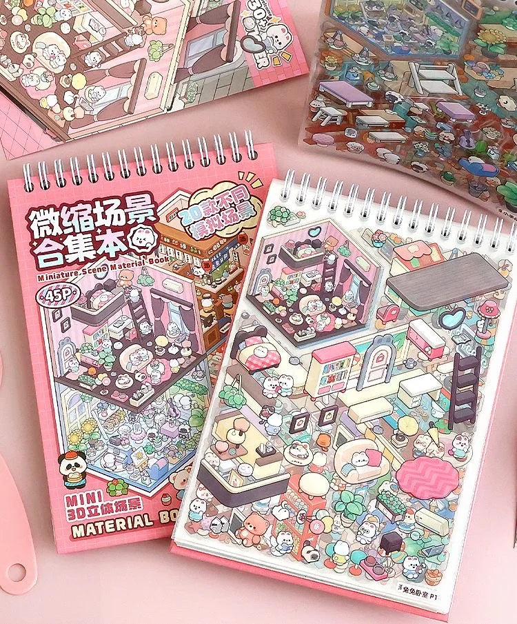 20Pcs Scenes Cartoon Landscape Sticker Book Forest Village DIY 3D Sticker Cabin Scene Pocket Birthday Gift for Kid Child Student