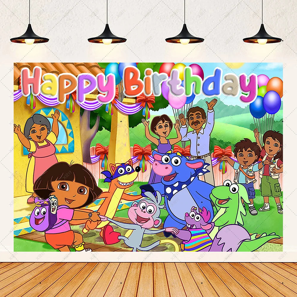 Cartoon-Dora-The-Explorer Theme Kids Birthday Party Digital Balloon Banner Background Cake Topper Decoration Supplies Baby Gifts