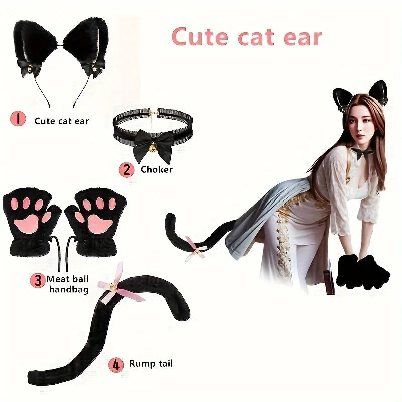5Pcs Sets Cat Paw Gloves Winter Cute Cartoon Girl Open Finger Gloves Bell Headband Fox Cat Ear Headwear