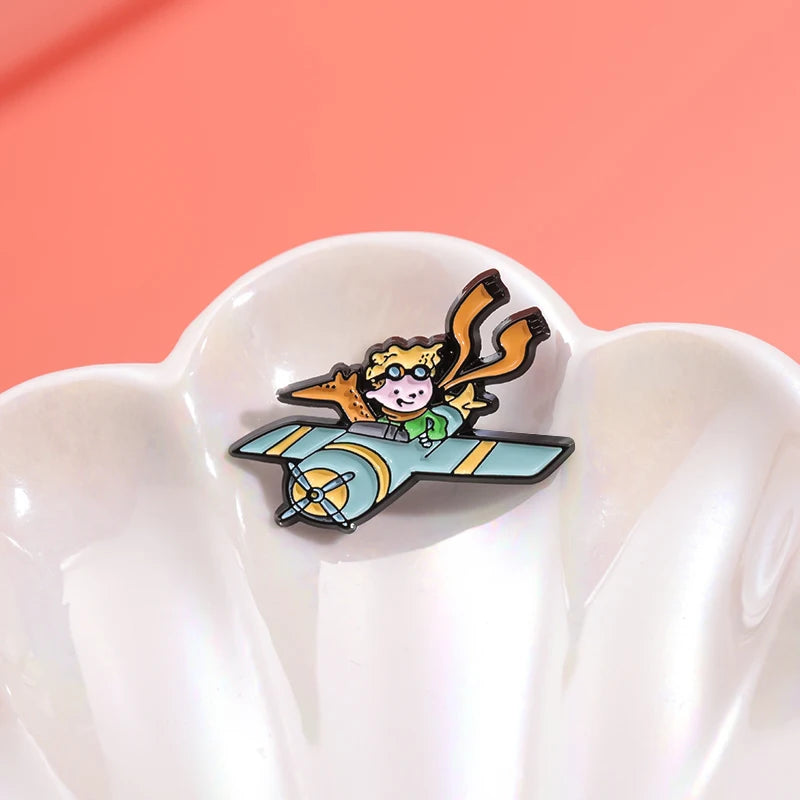 Cartoon Boy & Fox Plane Airplane Pilot Enamel Pins Fairy Tale Characters Brooches Bags Lapel Badge Jewelry Gift for Kids Friends