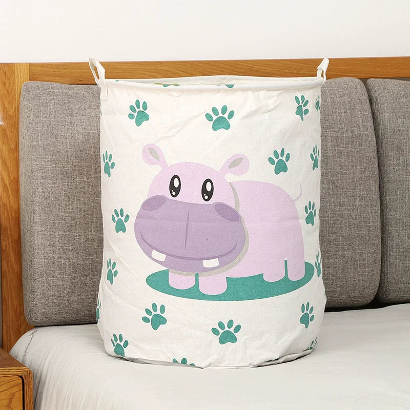 Animal Laundry Toys Organizer Basket Large Cartoon Canvas Barrel Basket Clothes Organizer Kids Toys Basket With Handle