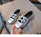 Kids Square Dance Performance Shoes Black Solid Color Girls Princess Shoe with Double Bow 2024 New Girls Leather Shoes Soft Sole
