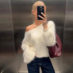 Talenza Women's Plush Pullover Fashion Solid Loose High Street Sweaters Vintage Chic Strapless Autumn Casual Female Pullovers
