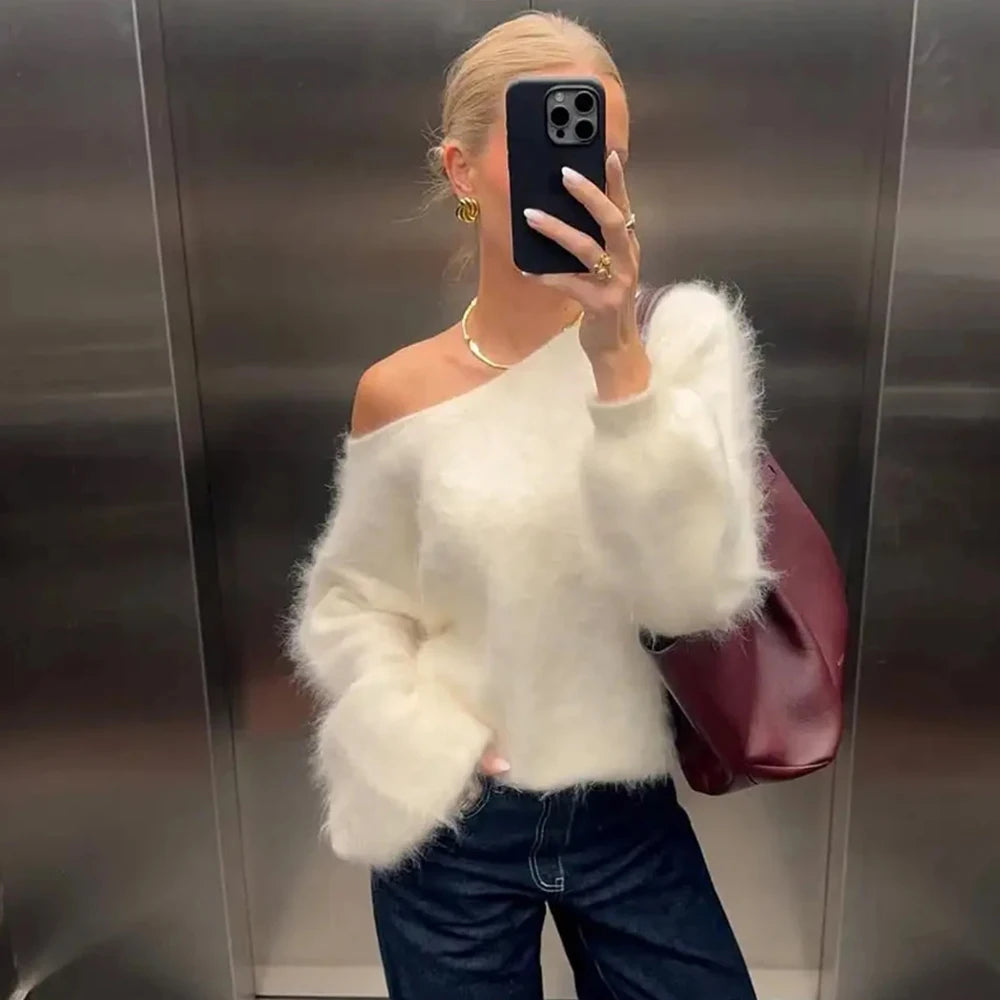 Talenza Women's Plush Pullover Fashion Solid Loose High Street Sweaters Vintage Chic Strapless Autumn Casual Female Pullovers