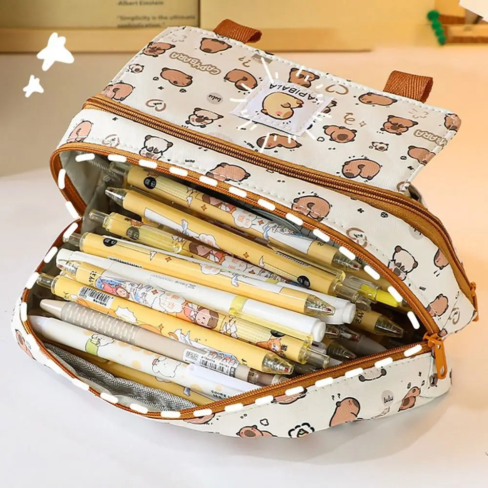 INS Capybara Four-layer Large Capacity Pen Bag Cute Cartoon Pencil Case Stationery Organizer Storage Bag For Students Gift
