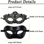 2pcs Elegant Black Lace Masquerade Mask Set for Couples - Perfect for Venetian Party, Mardi Gras, and Halloween Celebrations