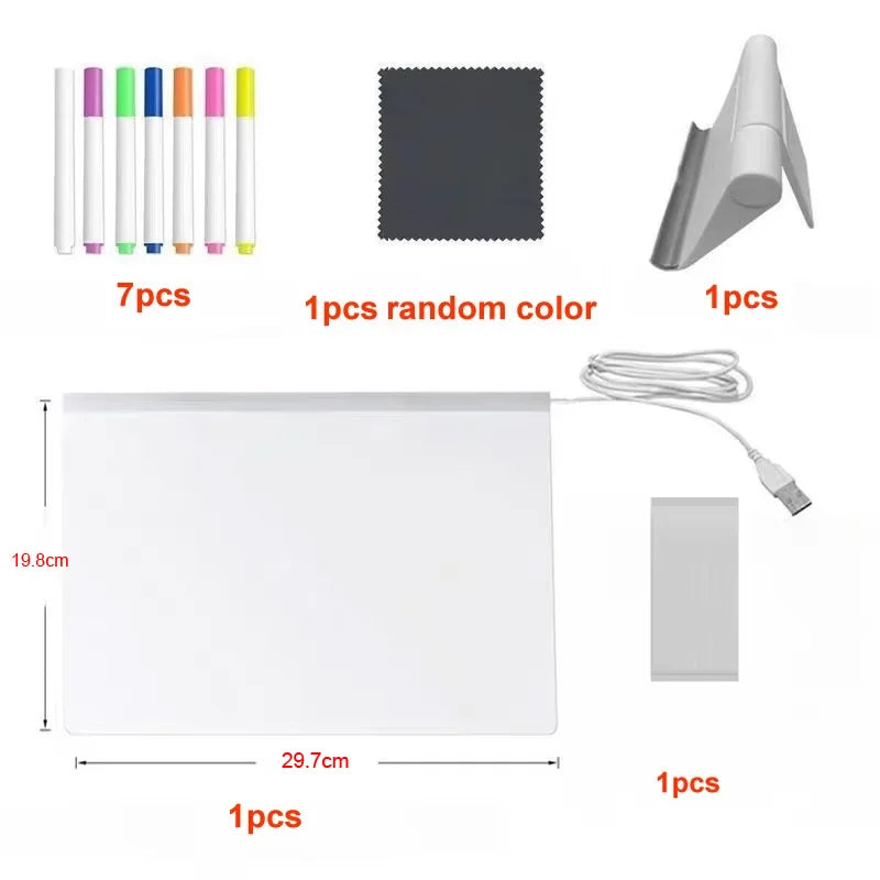 Light Up Acrylic Message Board Rewritable DIY Children's Glowing Drawing Board Message Lamp With 7 Colorful Pens