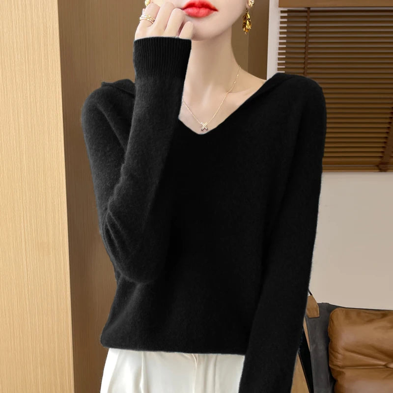 Women Autumn Winter Clothing Hooded Collar Pullover 100% Merino Wool Sweater New Fashion Cashmere Tops Bottoming Knitwear Soft