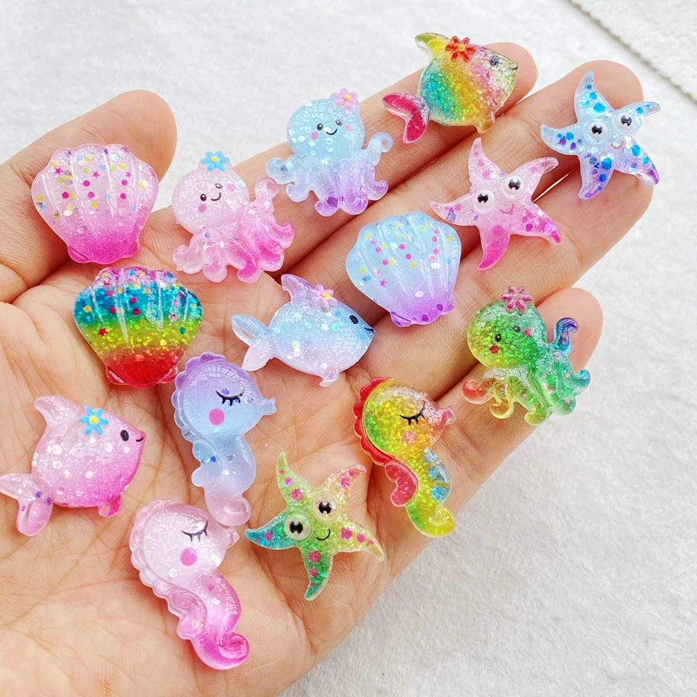 20Pcs Cute Resin Cartoon Shell, Starfish, small fish, seahorse, for Scrapbooking, Wedding Decor & DIY Jewelry Making Accessories