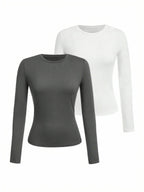 Women's solid-color long-sleeved T-shirt - Polyester knitted fabric, round neck, regular fit, fall-winter style