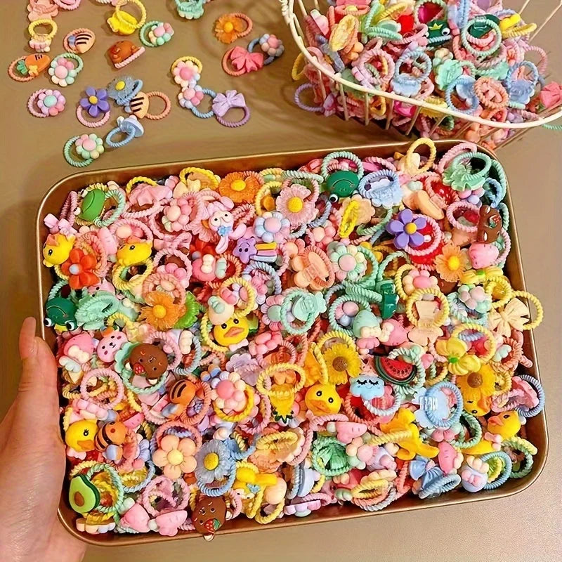 50pcs Cartoon Animal & Fruit Hair Ties - Colorful Woven Headbands for Girls  Polyester Material, All-Season Use Festive Gift