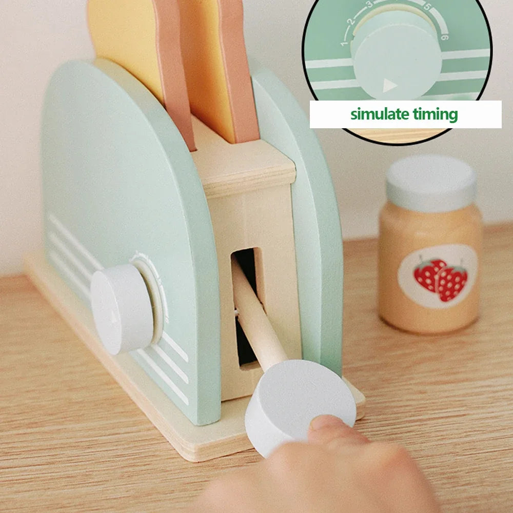 Wooden Toaster Toy Kids Pretend Play Kitchen Educational Breakfast Set