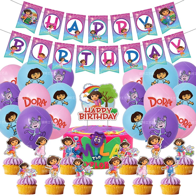 Cartoon-Dora-The-Explorer Theme Kids Birthday Party Digital Balloon Banner Background Cake Topper Decoration Supplies Baby Gifts