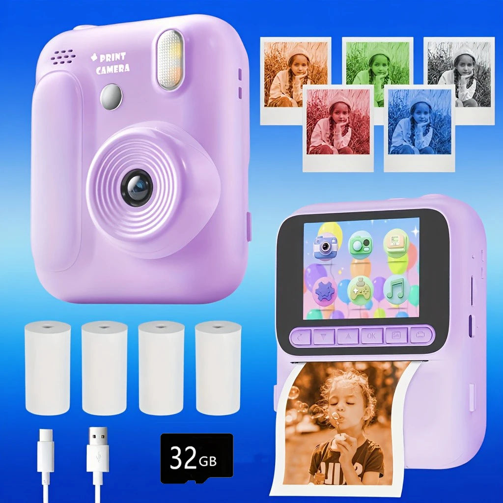 Kids Instant Camera Color Printing Camera 32GB 1080P Thermal Print Toys Camera Print Photo Video Games Music Children Gift