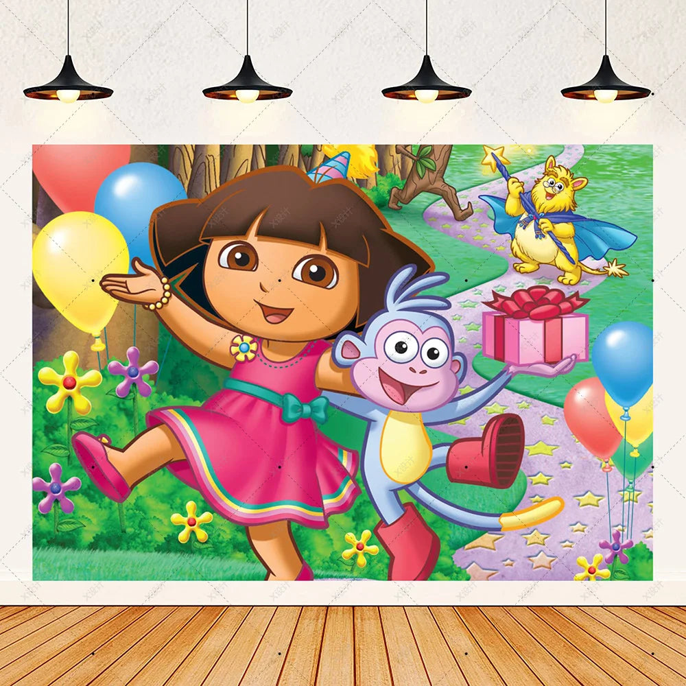 Cartoon-Dora-The-Explorer Theme Kids Birthday Party Digital Balloon Banner Background Cake Topper Decoration Supplies Baby Gifts