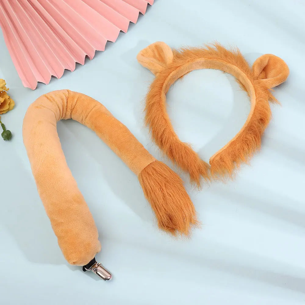 Lion Headband Tail Gloves Cosplay Kawaii Animal Ears Headdress Tie Halloween Party Wearings Adults Xmas Decor DIY Accessories