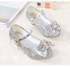 Princess Kids Leather Shoes for Girls Flower Casual Glitter Children High Heel Girls Shoes Butterfly Knot Blue Pink Silver