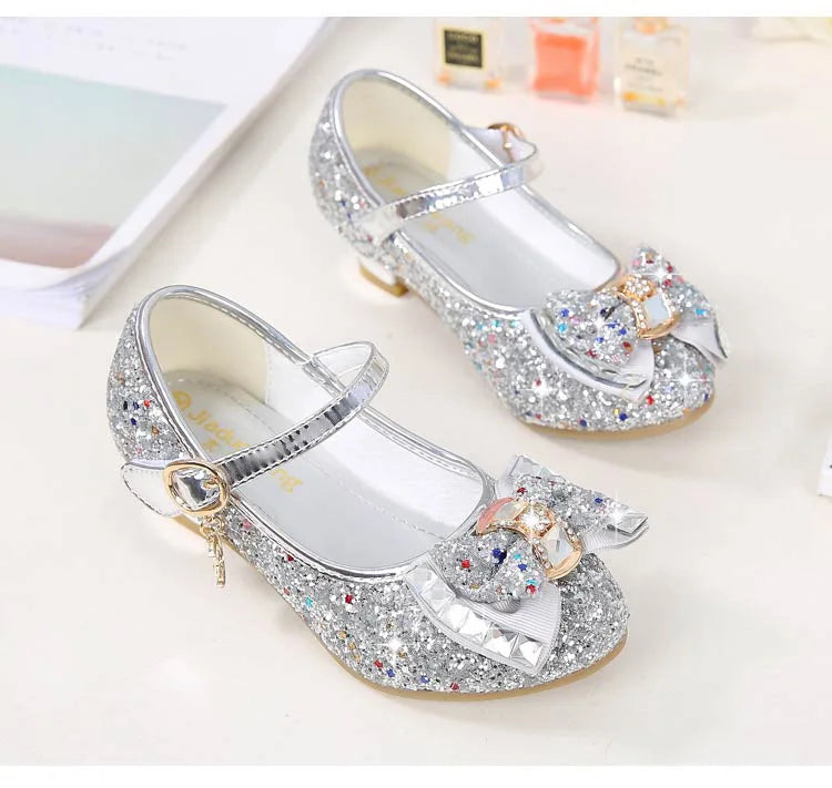 Princess Kids Leather Shoes for Girls Flower Casual Glitter Children High Heel Girls Shoes Butterfly Knot Blue Pink Silver