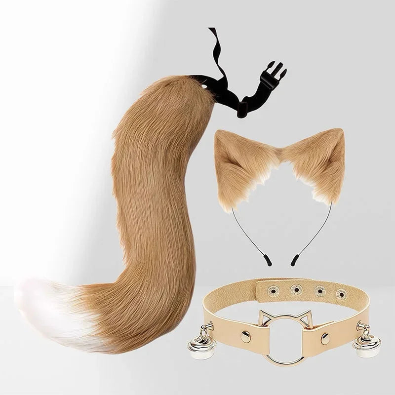 FluffyAnime Animal Fur Fox Tail Cat Paws Gloves and Ears Headwear Face Mask Cosplay Costume  Set Halloween Party Accessorie
