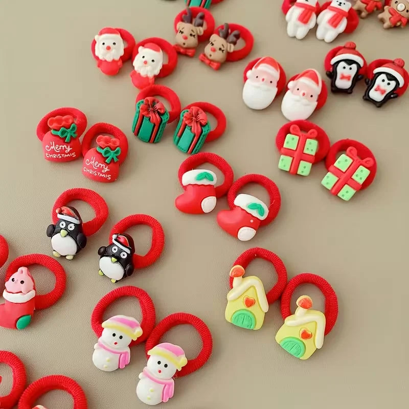 10Pcs/Set Kids Girls Christmas Hair Ties Cute Santa Claus & Reindeer Design Festive Hair Accessories Holiday Parties Decorations