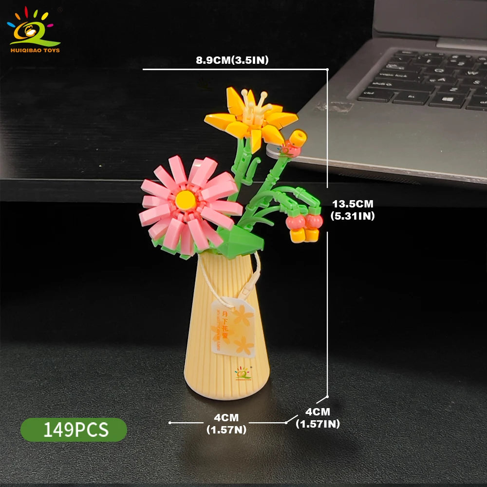 HUIQIBAO MOC Flower with pot Micro Building Block Sunflower Mini Model Bricks set Flowers Toys for Adults home Desk Decoration