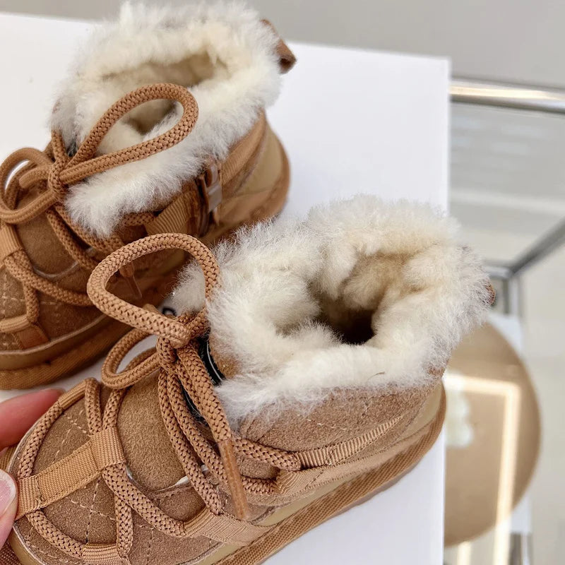 2025 New Winter Children Snow Boots Genuine Leather Warm Plush Toddler Boys Shoes Non-slip Fashion Baby Girls Boots 1-6 Years