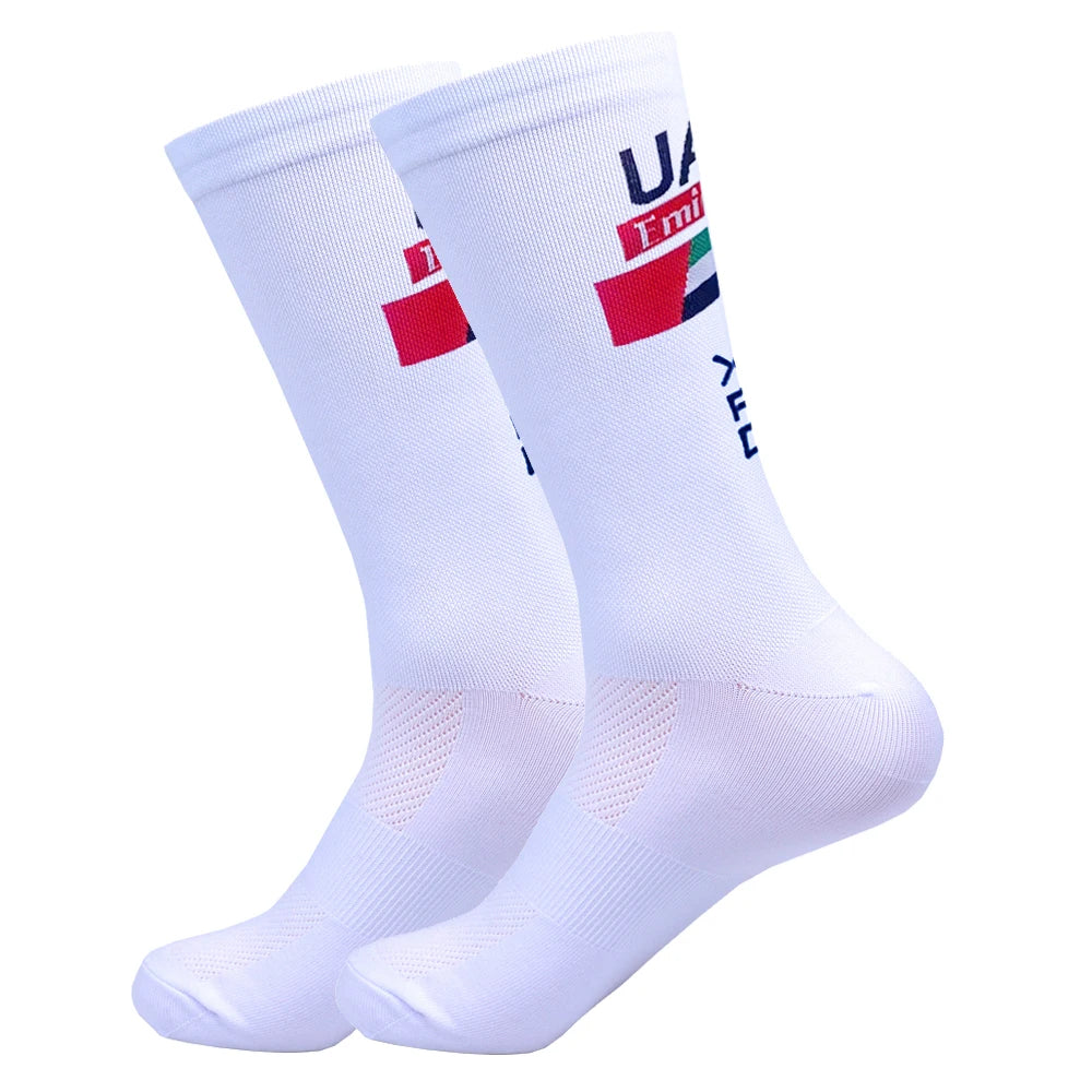 New UAE Cycling Socks rTeam Bike Nurse Compression Road Bike Running Mtb Knee-high White Sports Running Football Socks