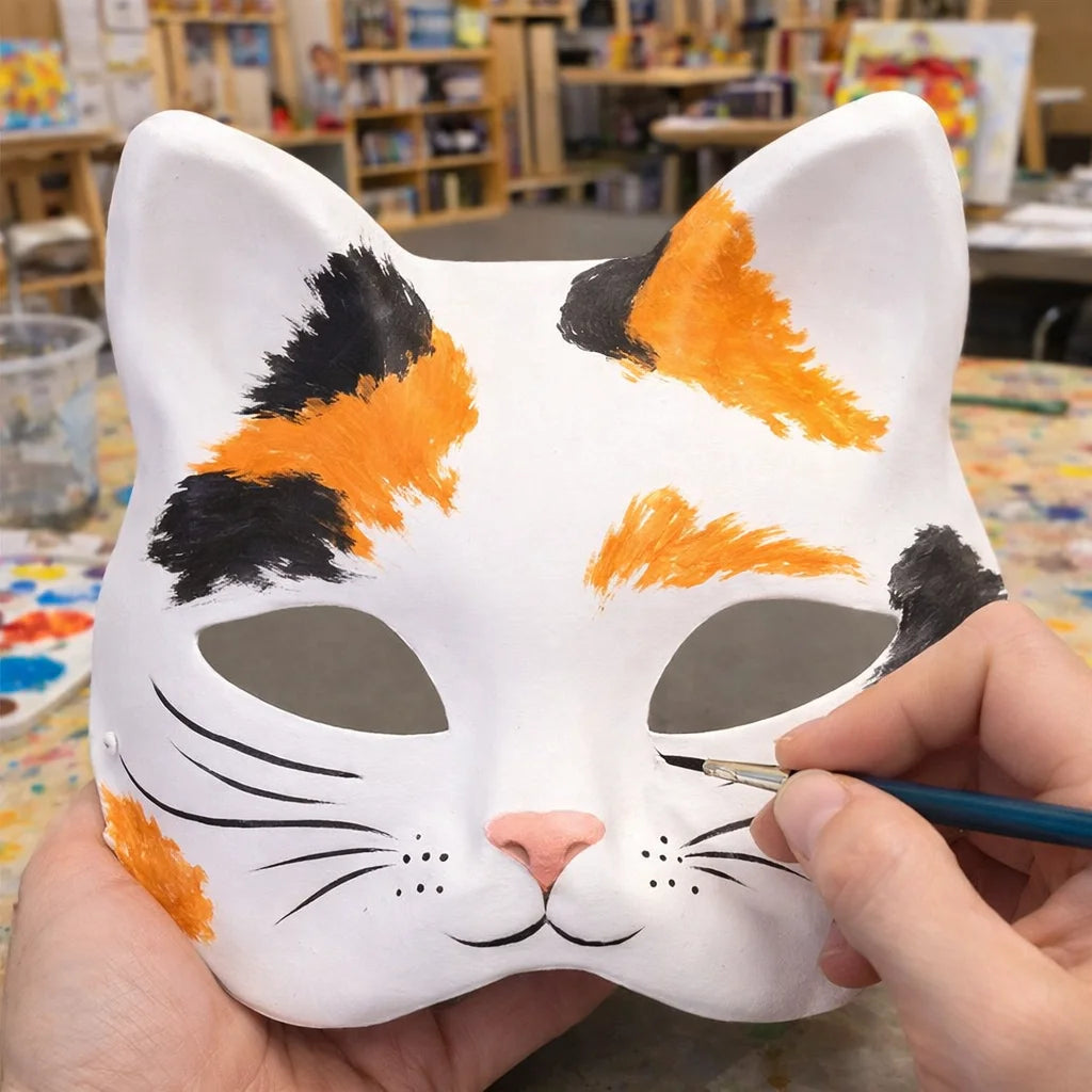 5 Pcs Blank White Cat Mask, DIY Unpainted Half Face Mask for Kids Adults Halloween Masquerade Party Art Painting Craft Project