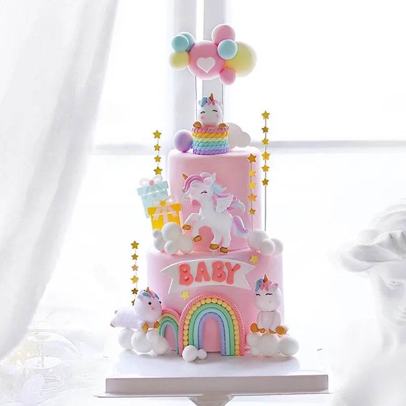 Pink Unicorn Birthday Cake Decorations Rainbow Unicorn Butterfly Cake Toppers Girls Happy Unicornio Birthday Party Cake Decors