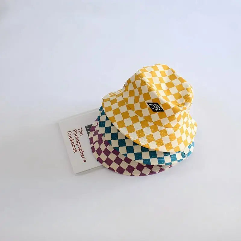 Stylish Kids Bucket Hat Checkerboard Plaid Pattern Sun Hat Breathable Wide Brim Cap For Boys And Girls
