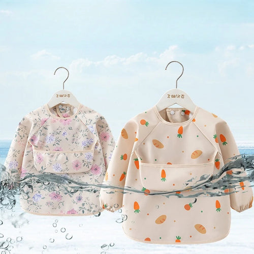 1PC Child Feeding Bib Waterproof Long Sleeve Apron Rice Pocket Feeding Blouse Toddler Bibs Children's Summer Thin Feeding Smock