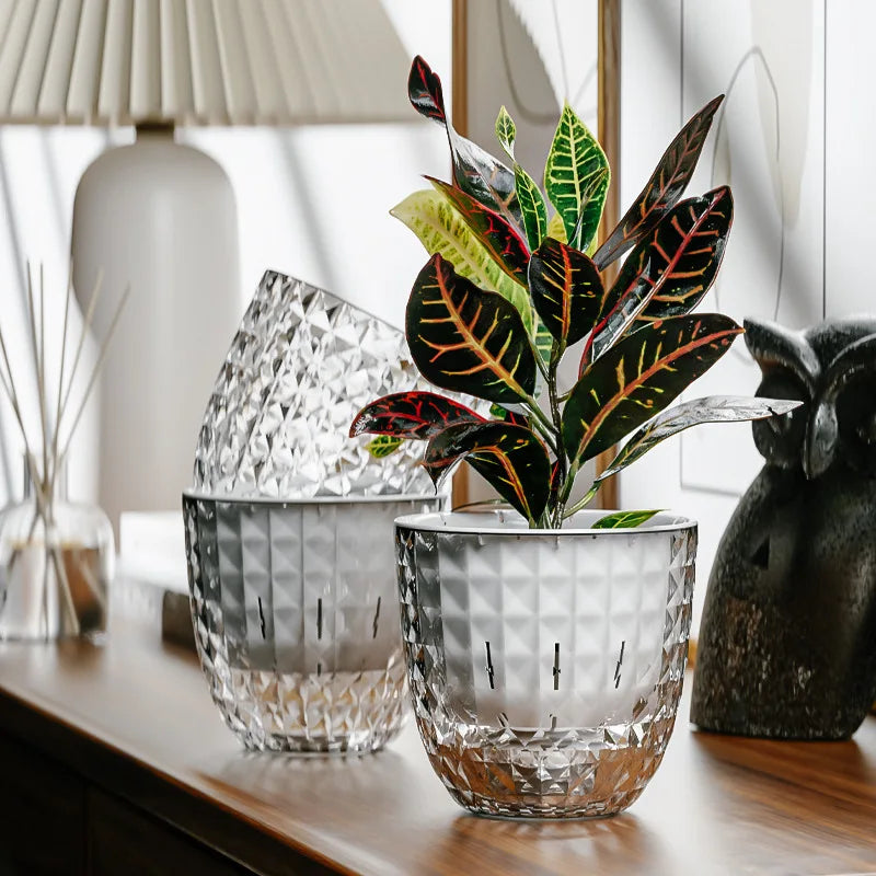 Self Watering Flowerpot Automatic Water Absorbing Flowerpot Transparent Double Layer Plastic Succulent Plant Pot Decorative Pot