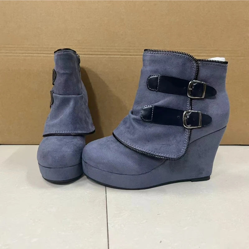 2025 New Women's Boots Zip Womens High Heels Suede Fashion Wedge Heels Durable Retro Women Ankle Boots Round Head Bottes Femmes