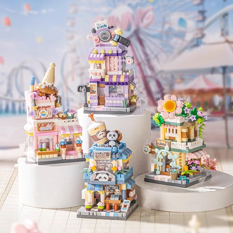 Mini ABS Self-Locking Bricks Street View Blocks Panda Coffee Ice Cream Flower Shop DIY Toy for Kids Girls Birthday Gift