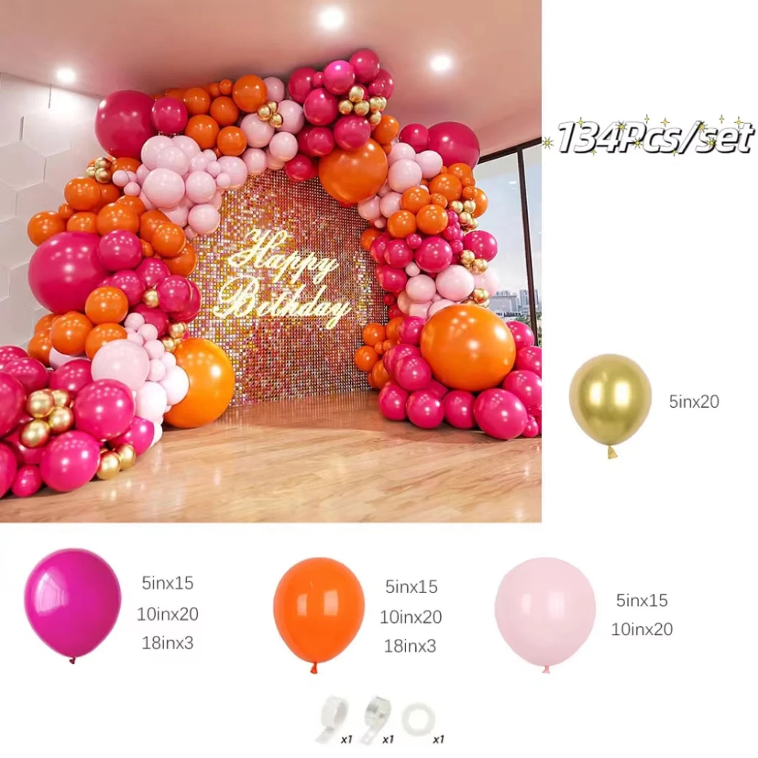 134PCS Pink and Orange Balloon Arch Kit Metallic Gold Latex Balloon Birthday Party Baby Shower Wedding Party Decorations