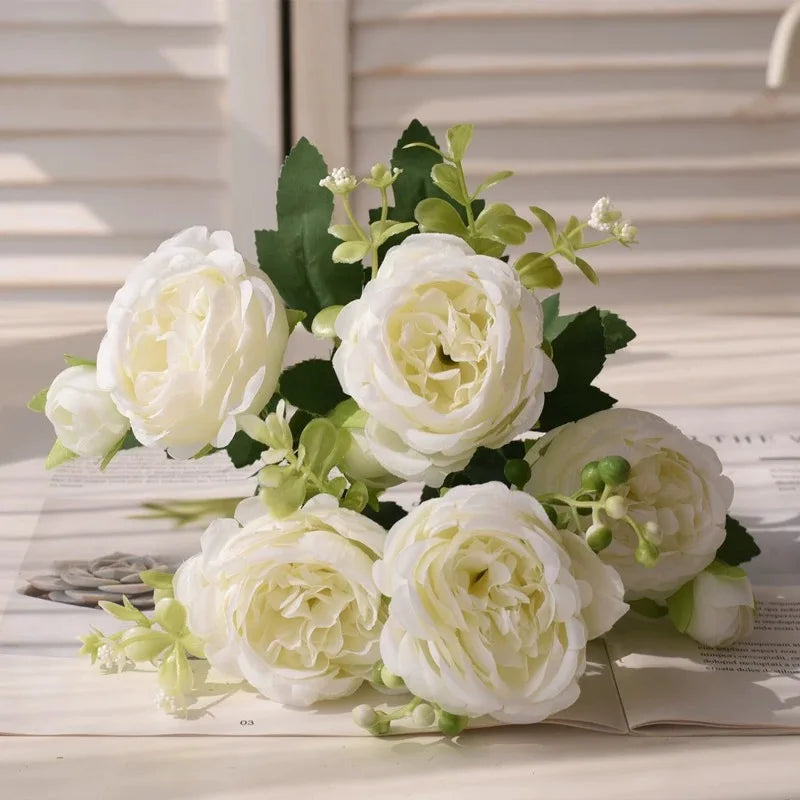 30cm Rose Pink Silk Bouquet Peony Artificial Flower 5 Big Head 4 Small Bud Bride Wedding Home Decoration Artificial Flower