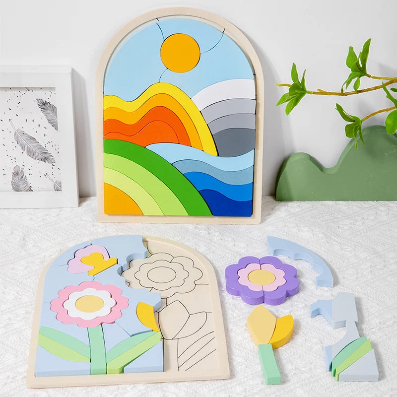 Wooden Rainbow Blocks Puzzle Educational Shape & Color Toy for Kids