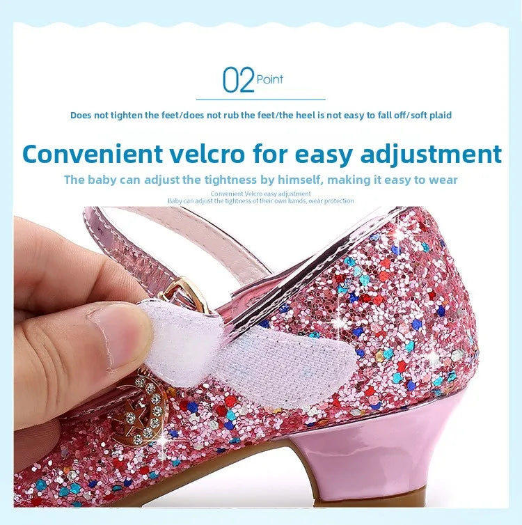 Princess Kids Leather Shoes for Girls Flower Casual Glitter Children High Heel Girls Shoes Butterfly Knot Blue Pink Silver