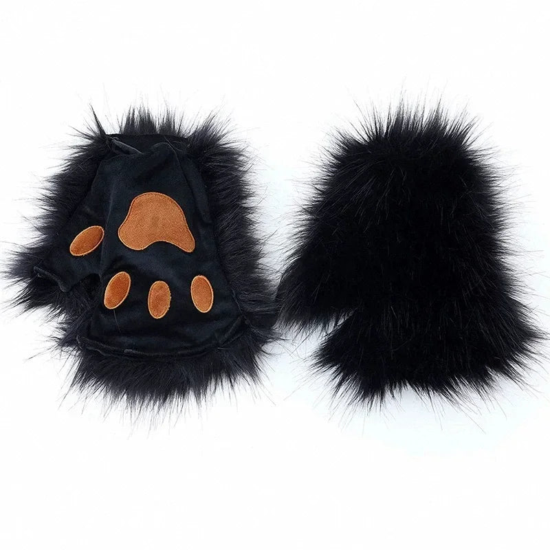 FluffyAnime Animal Fur Fox Tail Cat Paws Gloves and Ears Headwear Face Mask Cosplay Costume  Set Halloween Party Accessorie