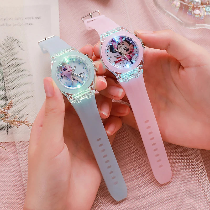 Cute Mickey Minnie Children Watches with Flash Light Silicone Strap Kids Watch Girls Anime Action Figures Model Toys Clock Gift