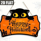 Black Cat Shaped Happy Halloween Wooden Hanging Sign Pumpkin Bat Spider Castle Print Front Door Plaque for Halloween Porch Decor