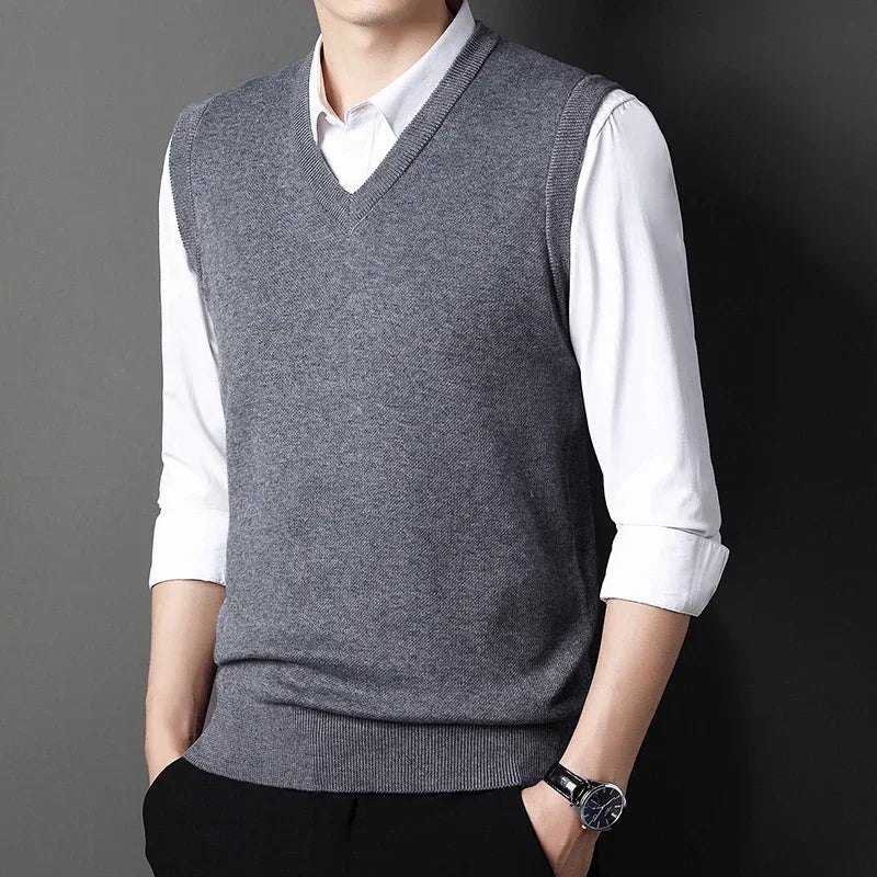 2026 Autumn Winter New Men's Solid Color V-neck Knitted Vest Casual Fashion Warm Sweater Versatile Top