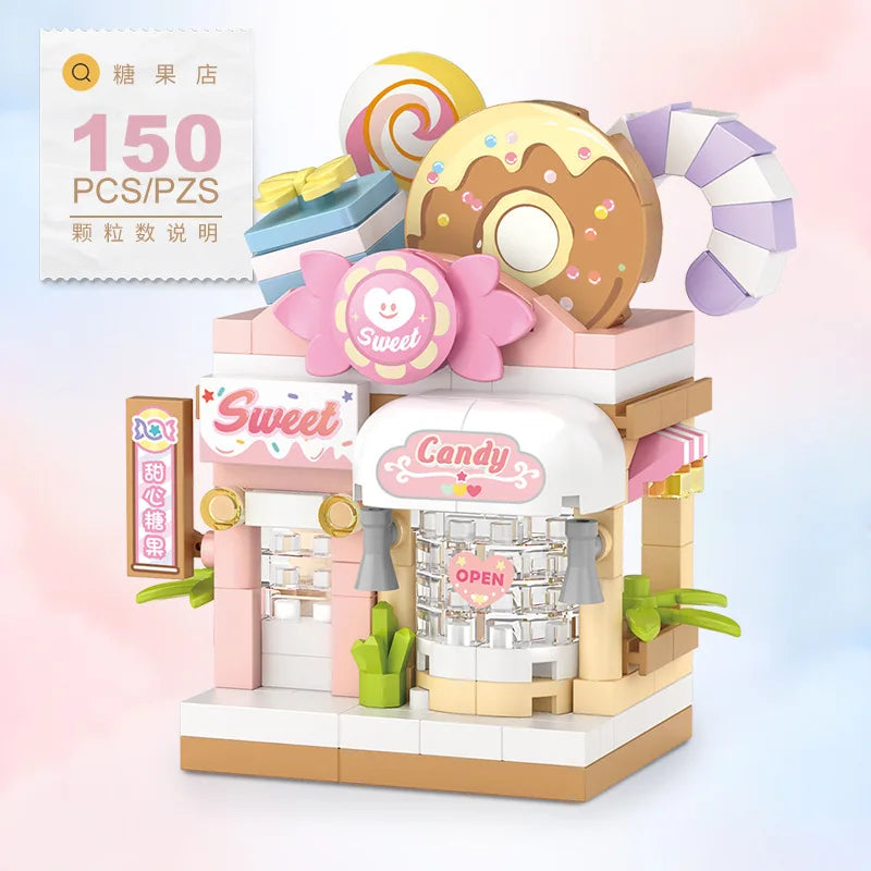 Mini ABS Self-Locking Bricks Street View Blocks Panda Coffee Ice Cream Flower Shop DIY Toy for Kids Girls Birthday Gift